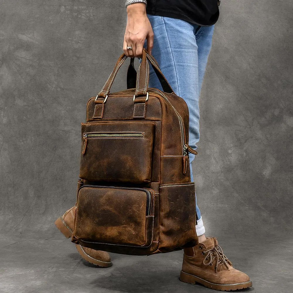Vintage Brown Large Leather Backpack Men 16" Laptop Backpack Leather Backpack Style Handbag