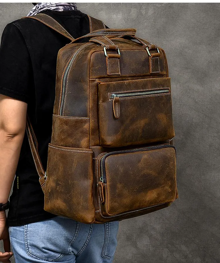 Vintage Brown Large Leather Backpack Men 16" Laptop Backpack Leather Backpack Style Handbag