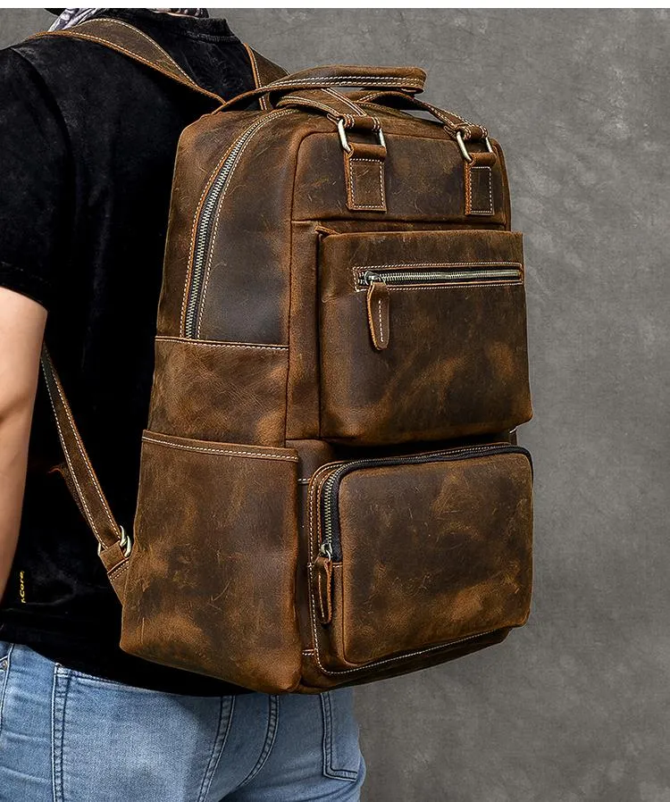 Vintage Brown Large Leather Backpack Men 16" Laptop Backpack Leather Backpack Style Handbag