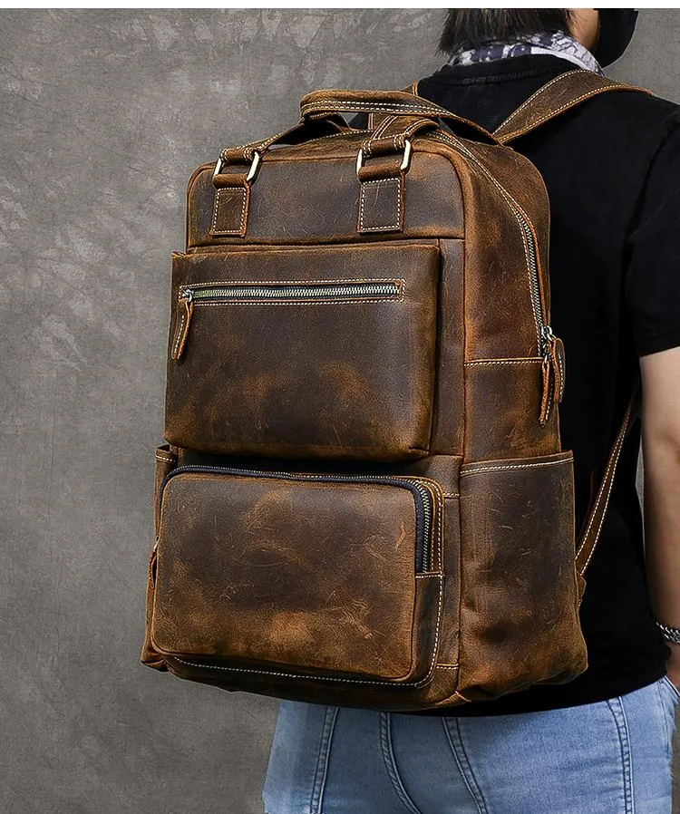 Vintage Brown Large Leather Backpack Men 16" Laptop Backpack Leather Backpack Style Handbag