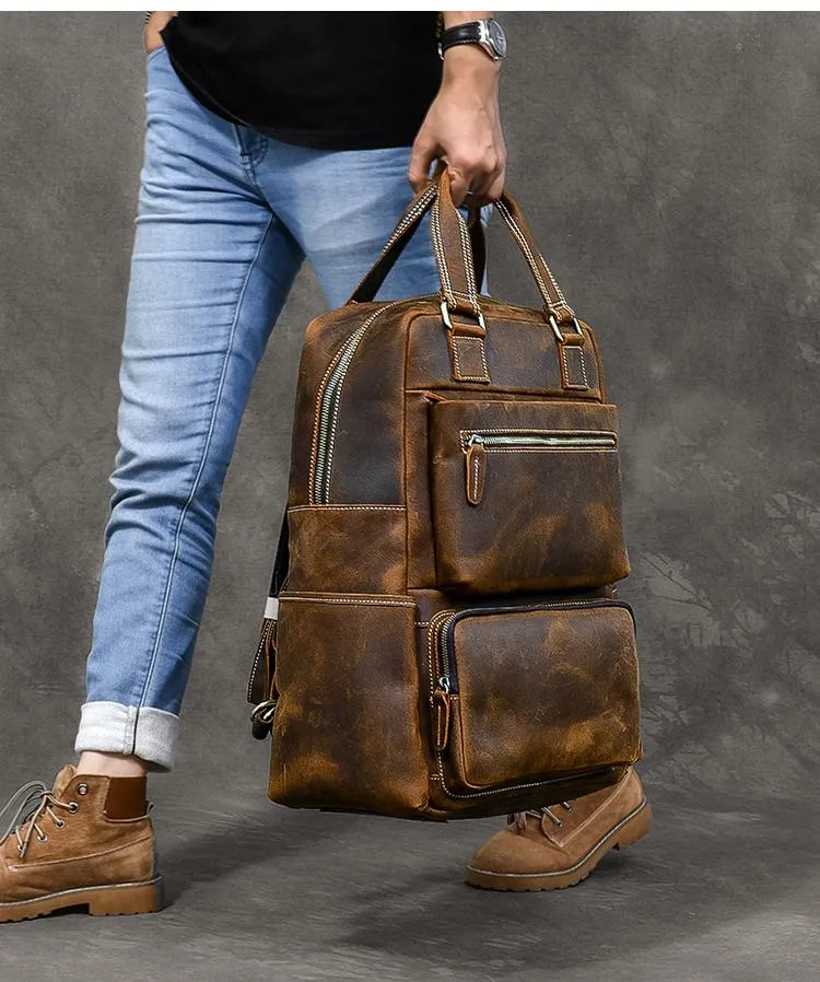 Vintage Brown Large Leather Backpack Men 16" Laptop Backpack Leather Backpack Style Handbag