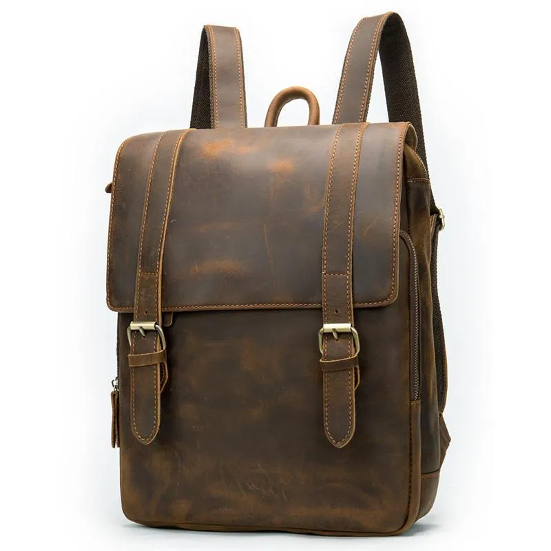 Vintage Brown Leather Men's 14inch Laptop Backpack College Backpack For Men