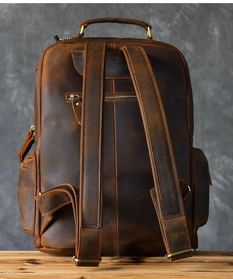 Vintage Brown Leather Mens 15" Laptop Backpack Hiking Backpack Travel Backpack College School Bag for Men