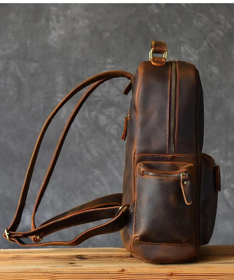 Vintage Brown Leather Mens 15" Laptop Backpack Hiking Backpack Travel Backpack College School Bag for Men