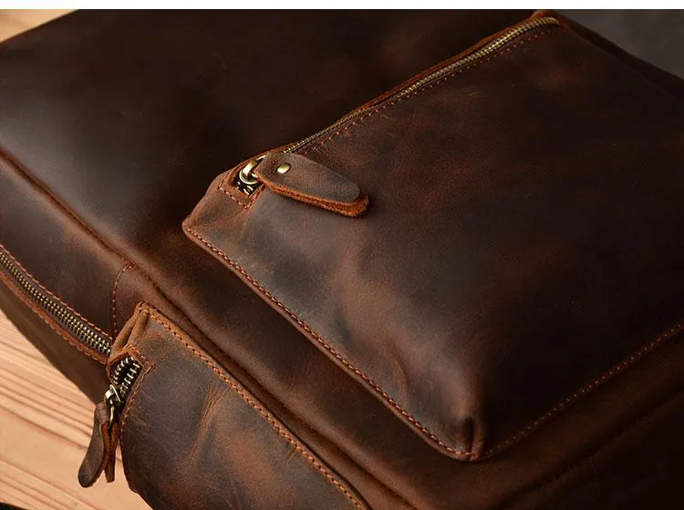Vintage Brown Leather Mens 15" Laptop Backpack Hiking Backpack Travel Backpack College School Bag for Men