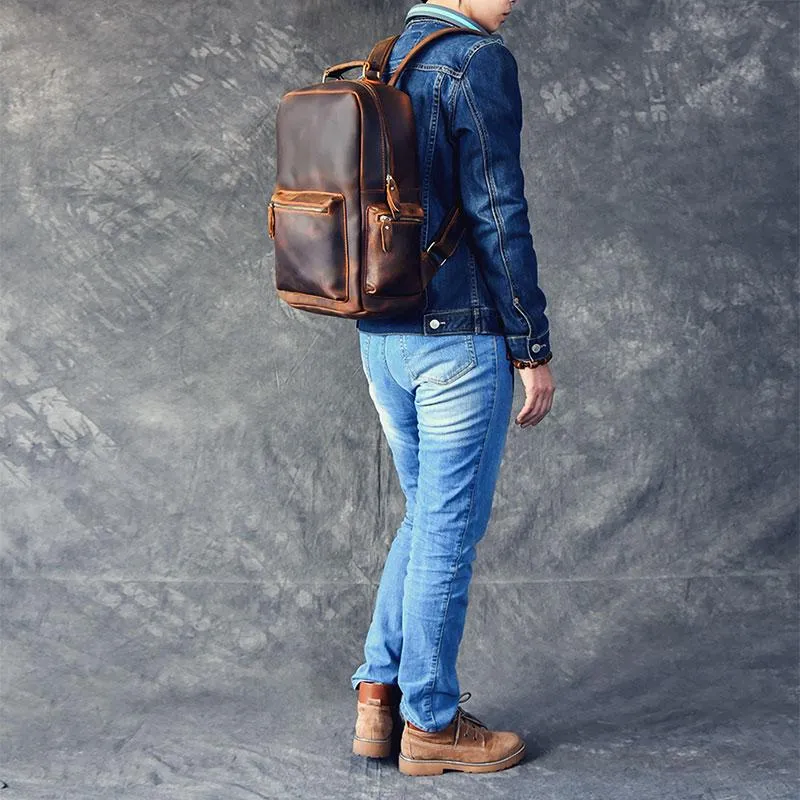 Vintage Brown Leather Mens 15" Laptop Backpack Hiking Backpack Travel Backpack College School Bag for Men
