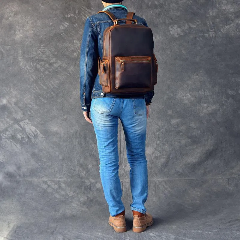 Vintage Brown Leather Mens 15" Laptop Backpack Hiking Backpack Travel Backpack College School Bag for Men