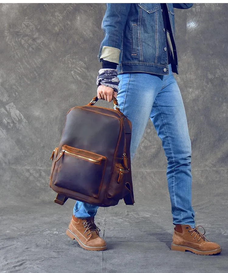 Vintage Brown Leather Mens 15" Laptop Backpack Hiking Backpack Travel Backpack College School Bag for Men