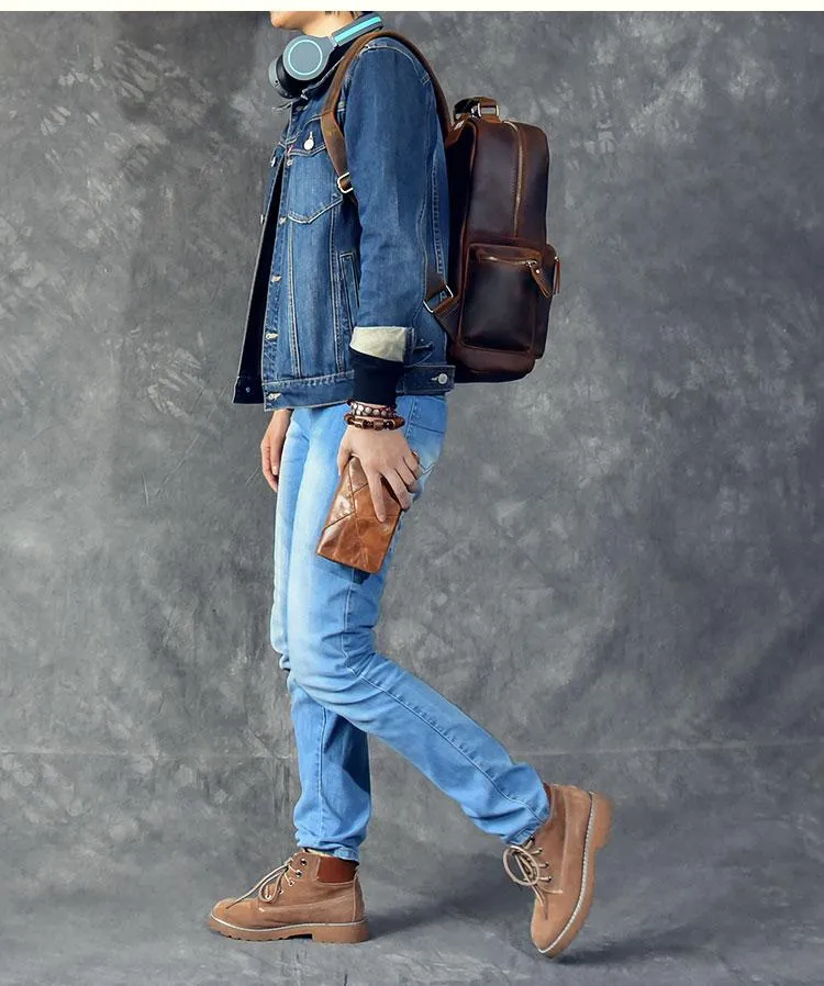 Vintage Brown Leather Mens 15" Laptop Backpack Hiking Backpack Travel Backpack College School Bag for Men