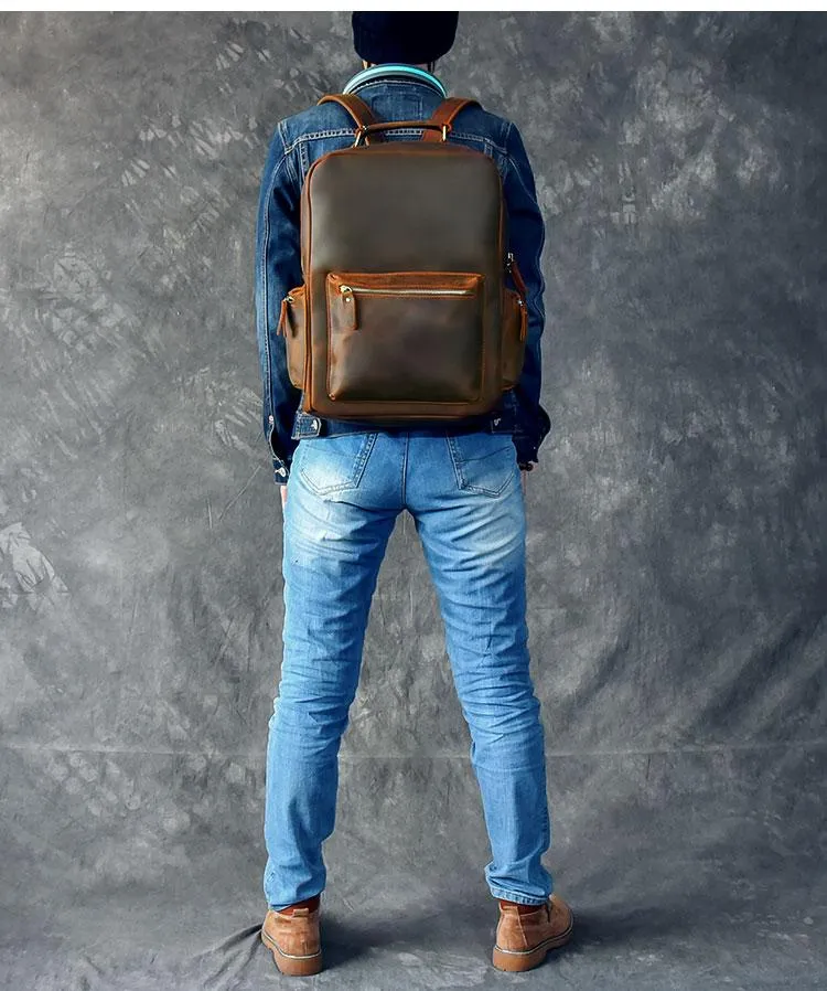 Vintage Brown Leather Mens 15" Laptop Backpack Hiking Backpack Travel Backpack College School Bag for Men