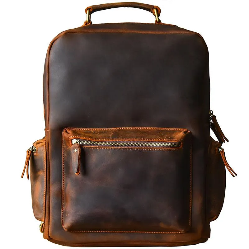 Vintage Brown Leather Mens 15" Laptop Backpack Hiking Backpack Travel Backpack College School Bag for Men