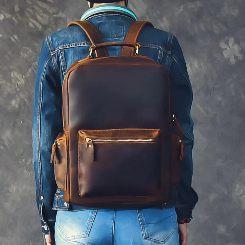 Vintage Brown Leather Mens 15" Laptop Backpack Hiking Backpack Travel Backpack College School Bag for Men