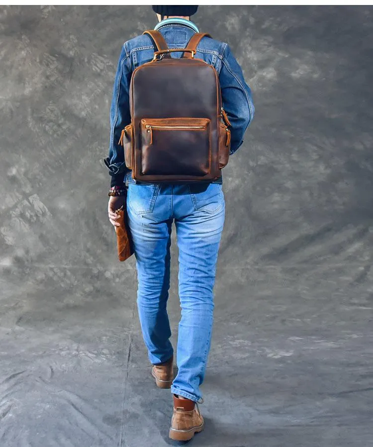 Vintage Brown Leather Mens 15" Laptop Backpack Hiking Backpack Travel Backpack College School Bag for Men