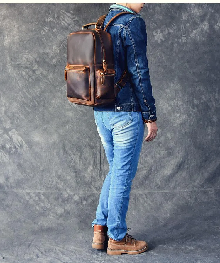 Vintage Brown Leather Mens 15" Laptop Backpack Hiking Backpack Travel Backpack College School Bag for Men
