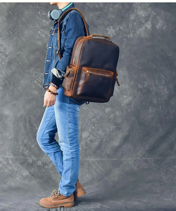 Vintage Brown Leather Mens 15" Laptop Backpack Hiking Backpack Travel Backpack College School Bag for Men