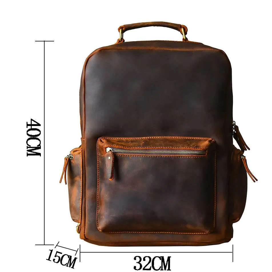 Vintage Brown Leather Mens 15" Laptop Backpack Hiking Backpack Travel Backpack College School Bag for Men