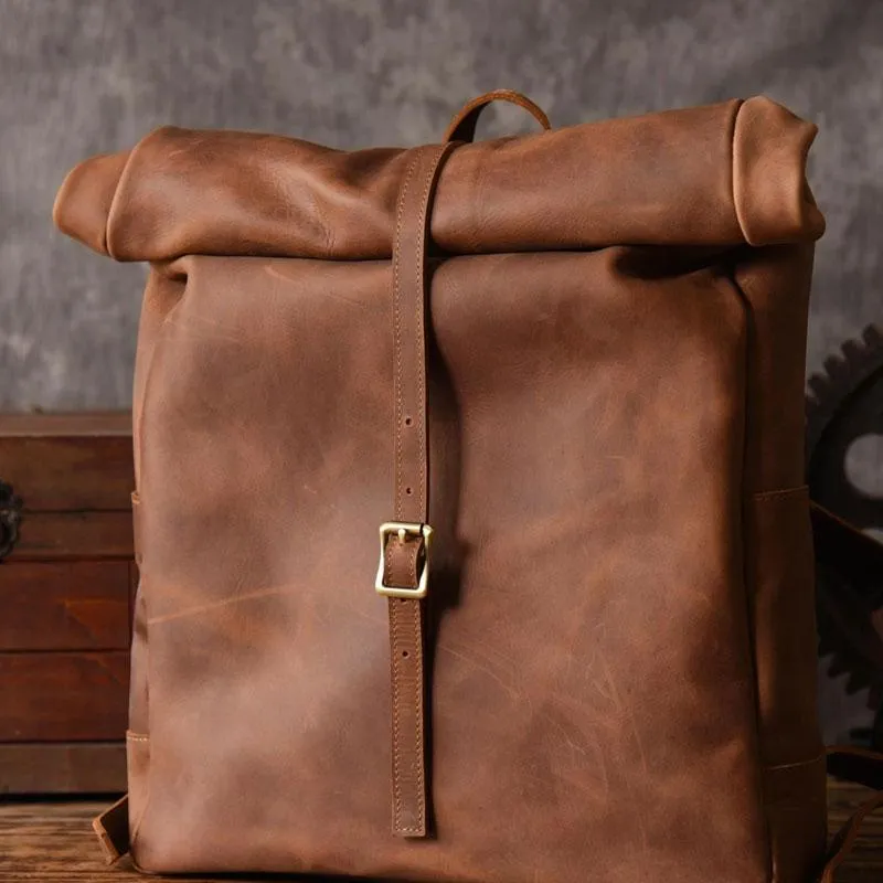 Vintage Brown Leather Mens Backpack Large Travel Backpack Hiking Backpack for men