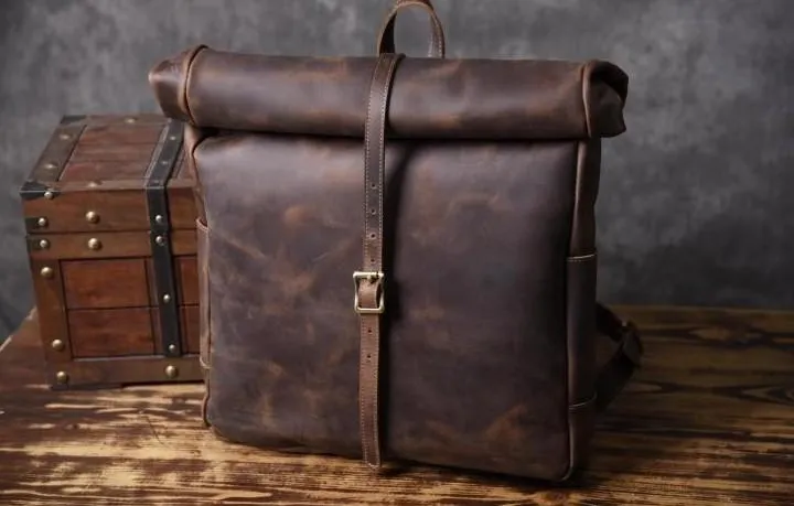 Vintage Brown Leather Mens Backpack Large Travel Backpack Hiking Backpack for men