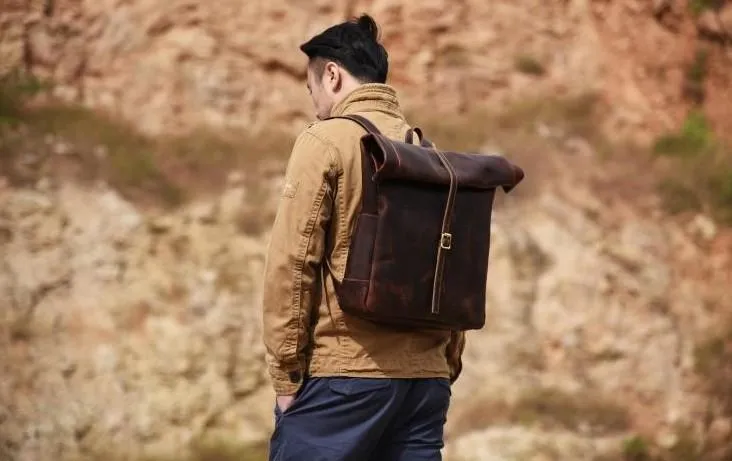 Vintage Brown Leather Mens Backpack Large Travel Backpack Hiking Backpack for men