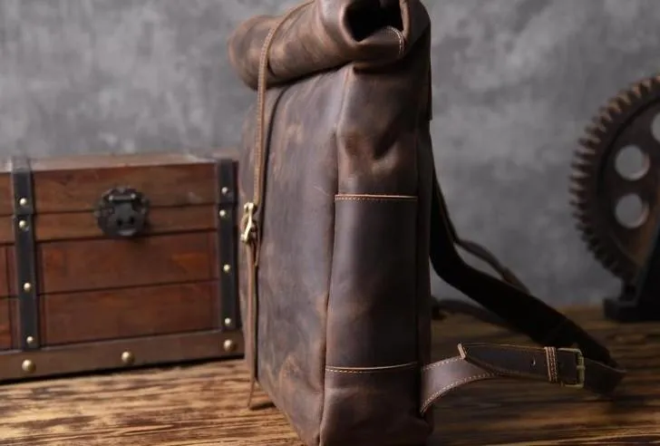 Vintage Brown Leather Mens Backpack Large Travel Backpack Hiking Backpack for men