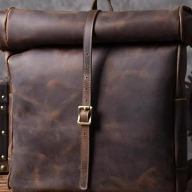 Vintage Brown Leather Mens Backpack Large Travel Backpack Hiking Backpack for men