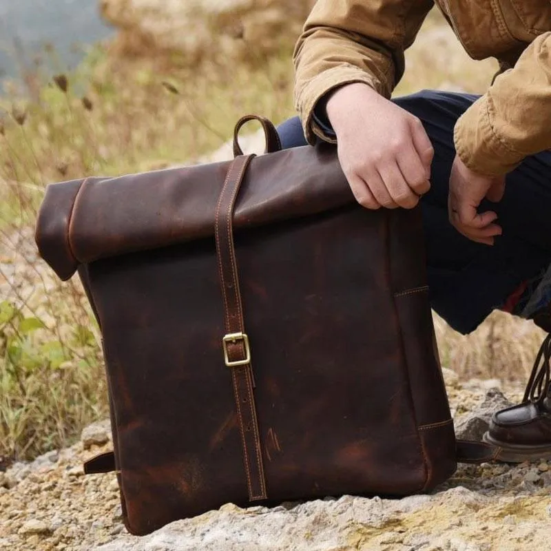 Vintage Brown Leather Mens Backpack Large Travel Backpack Hiking Backpack for men