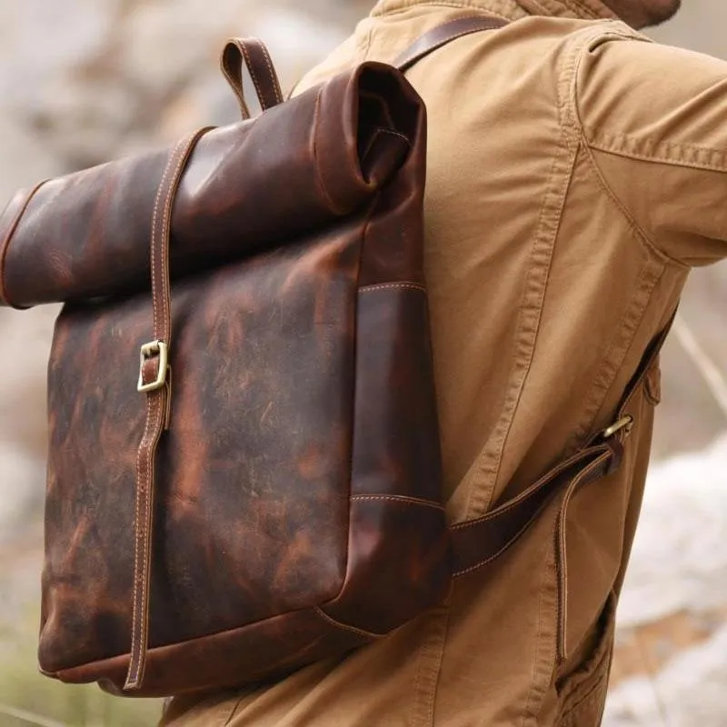 Vintage Brown Leather Mens Backpack Large Travel Backpack Hiking Backpack for men