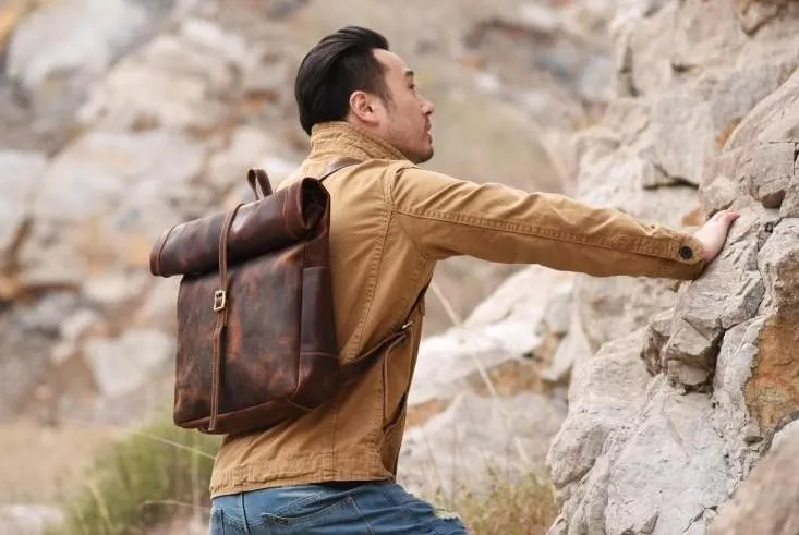 Vintage Brown Leather Mens Backpack Large Travel Backpack Hiking Backpack for men