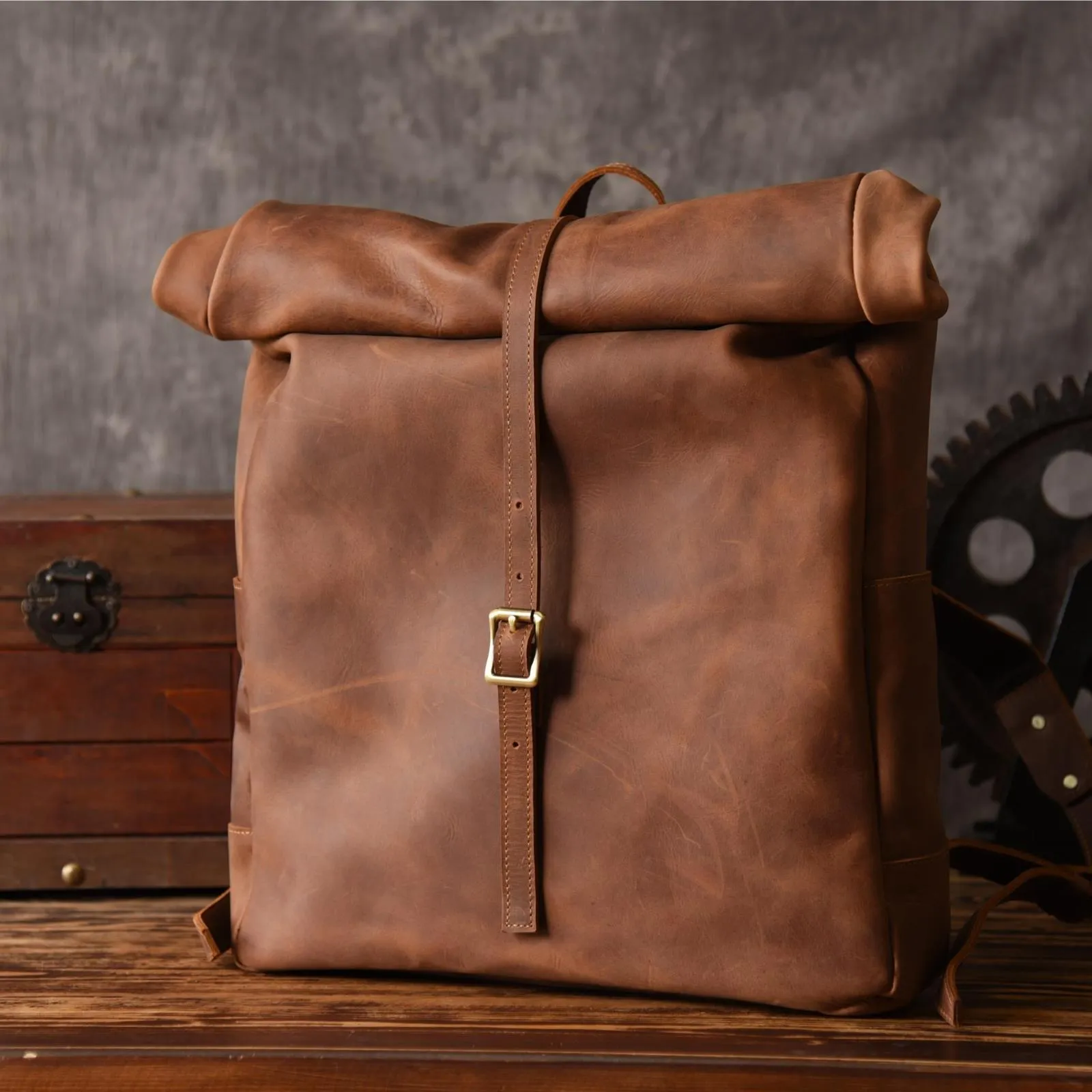 Vintage Brown Leather Mens Backpack Large Travel Backpack Hiking Backpack for men