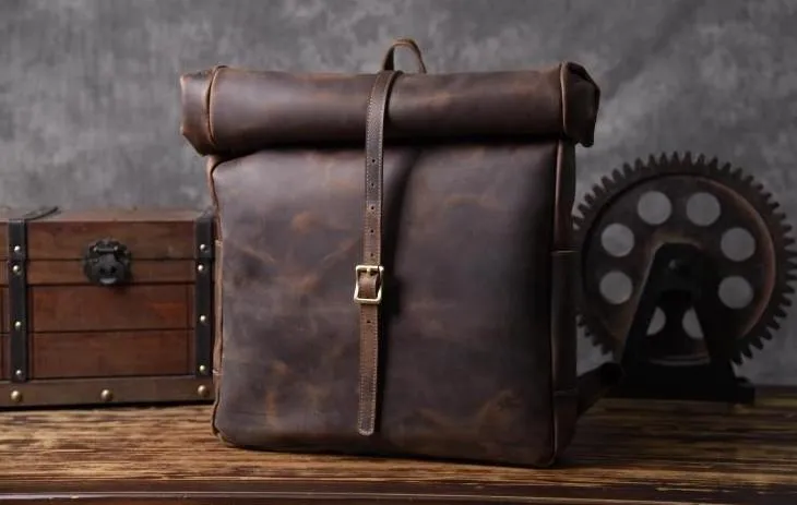 Vintage Brown Leather Mens Backpack Large Travel Backpack Hiking Backpack for men