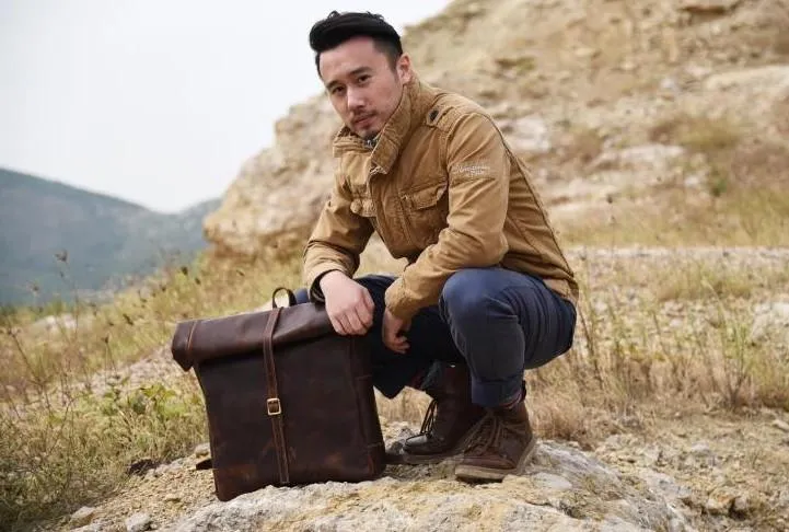 Vintage Brown Leather Mens Backpack Large Travel Backpack Hiking Backpack for men