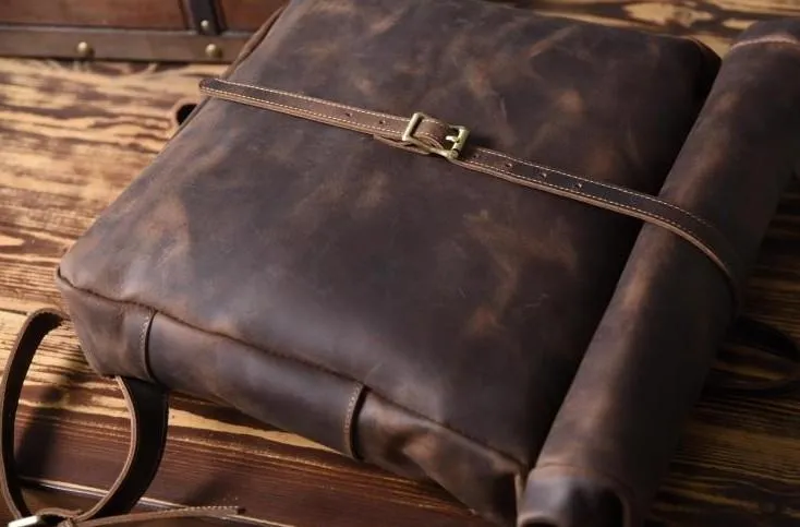 Vintage Brown Leather Mens Backpack Large Travel Backpack Hiking Backpack for men