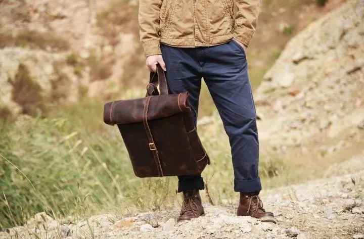Vintage Brown Leather Mens Backpack Large Travel Backpack Hiking Backpack for men