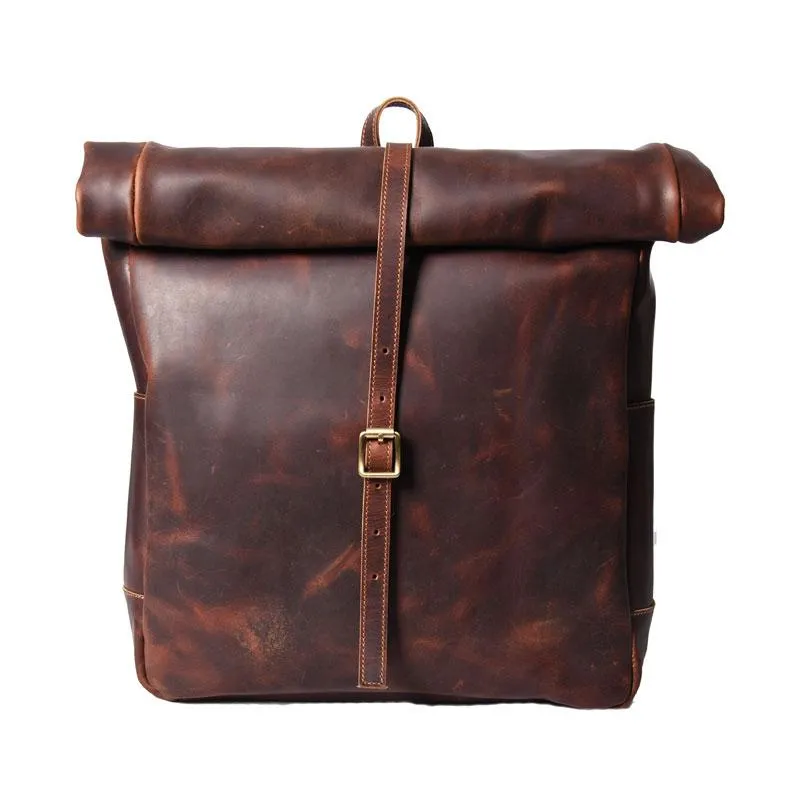 Vintage Brown Leather Mens Backpack Large Travel Backpack Hiking Backpack for men