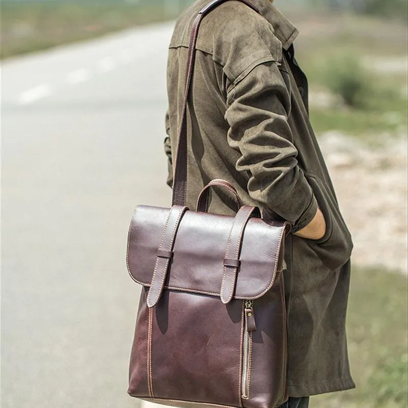 Vintage Brown Leather Mens Travel Backpack Work Backpack for Men
