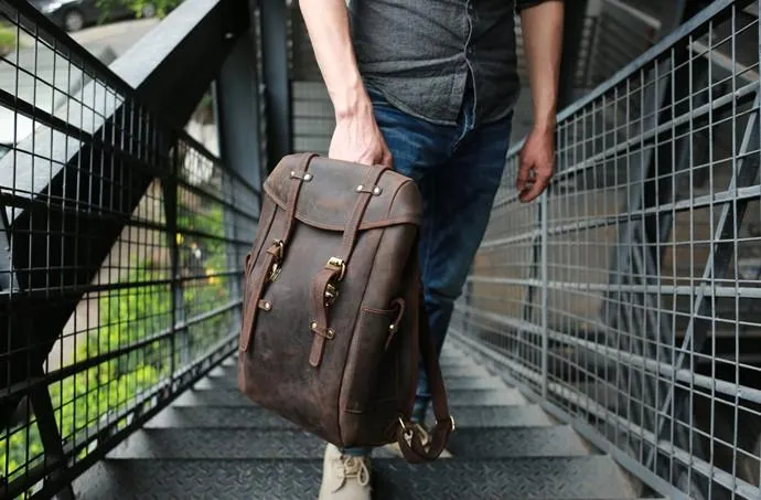 Vintage Coffee Leather Mens Backpack Travel Backpacks Laptop Backpack for men
