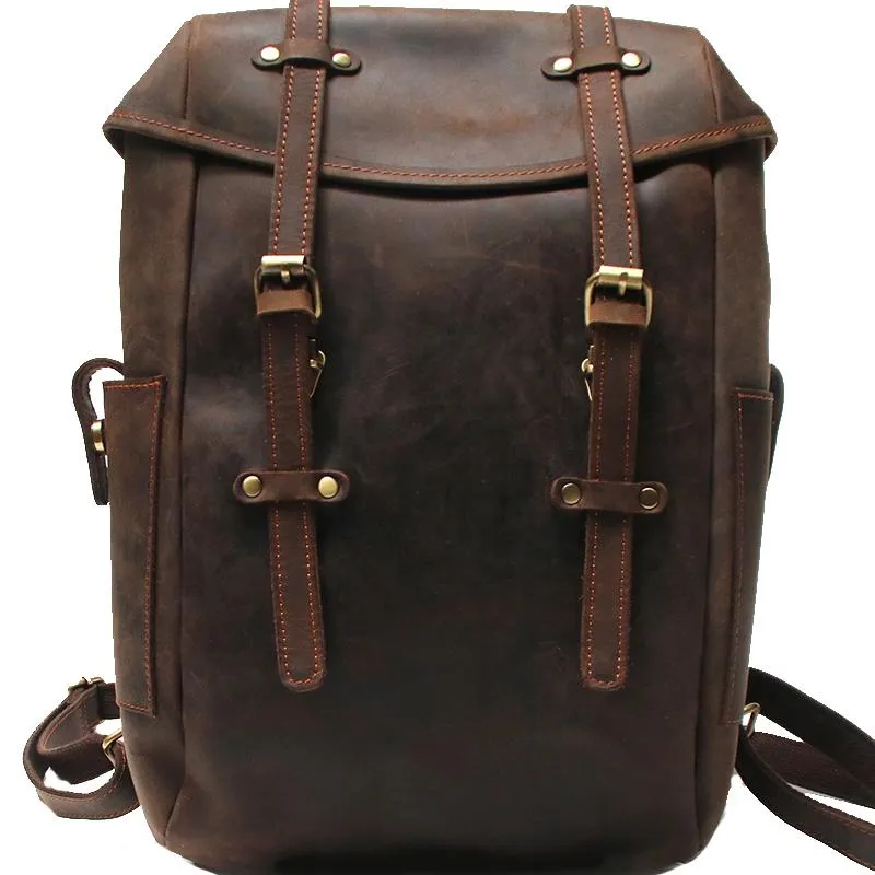 Vintage Coffee Leather Mens Backpack Travel Backpacks Laptop Backpack for men