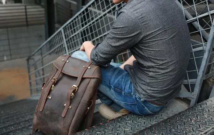 Vintage Coffee Leather Mens Backpack Travel Backpacks Laptop Backpack for men
