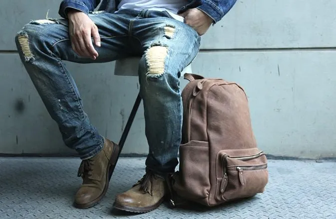 Vintage Coffee Leather Mens Backpacks Travel Backpacks Laptop Backpack for men