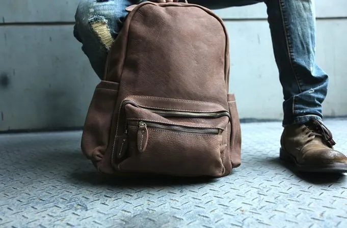 Vintage Coffee Leather Mens Backpacks Travel Backpacks Laptop Backpack for men