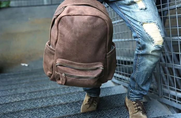 Vintage Coffee Leather Mens Backpacks Travel Backpacks Laptop Backpack for men