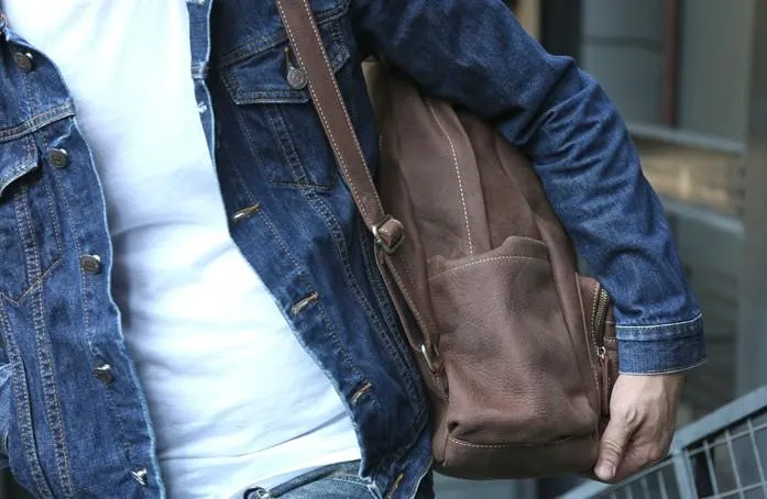 Vintage Coffee Leather Mens Backpacks Travel Backpacks Laptop Backpack for men