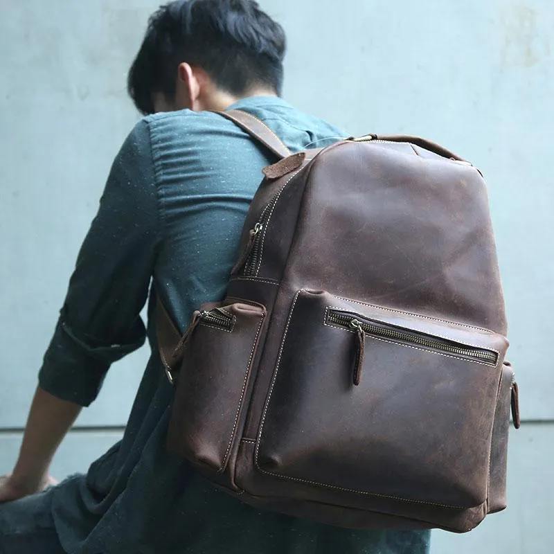 Vintage Coffee Mens Leather Backpack Travel Backpacks Laptop Backpack for men