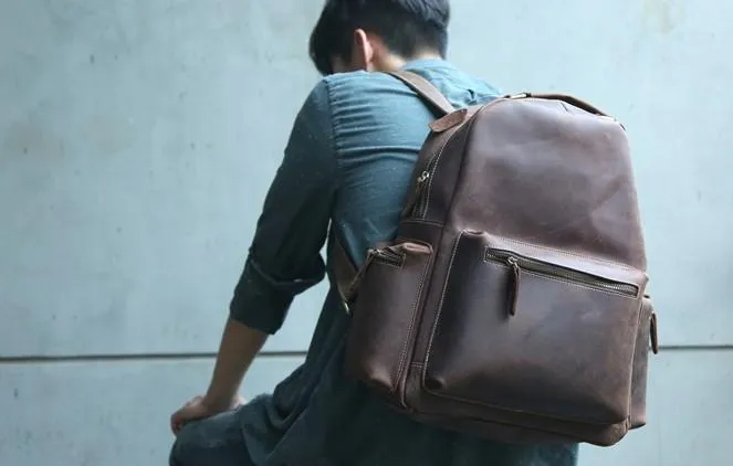 Vintage Coffee Mens Leather Backpack Travel Backpacks Laptop Backpack for men