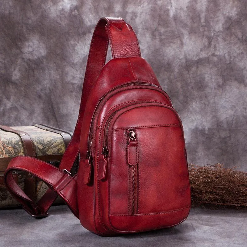 Vintage Green Womens Leather Sling Bag Chest Bags Purses One Shoulder Backpack for Ladies