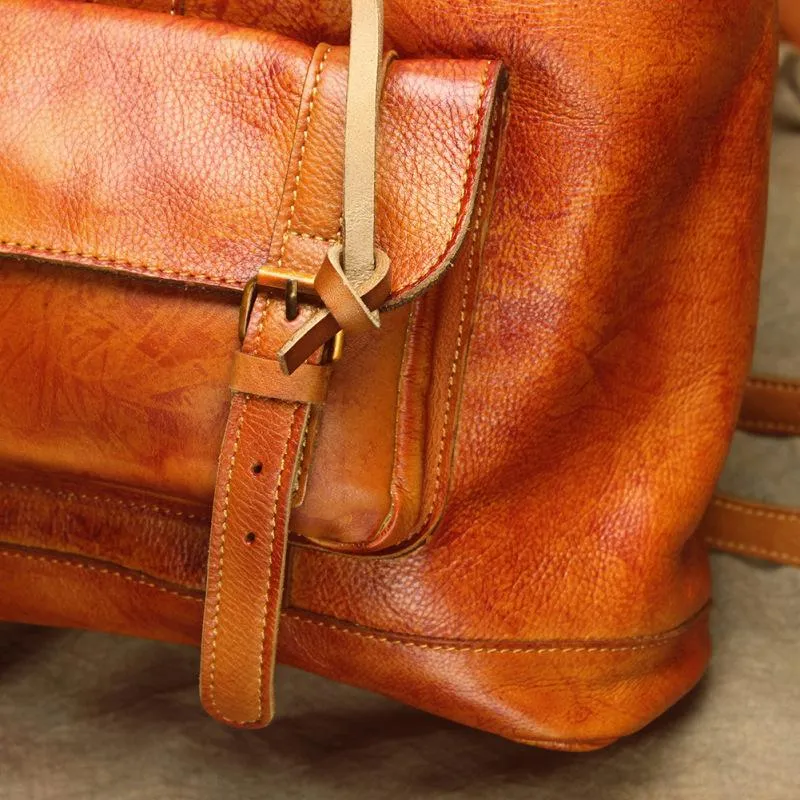 Vintage Lambskin Brown Leather Men's 14'' Laptop Backpack Black Satchel Backpack For Men