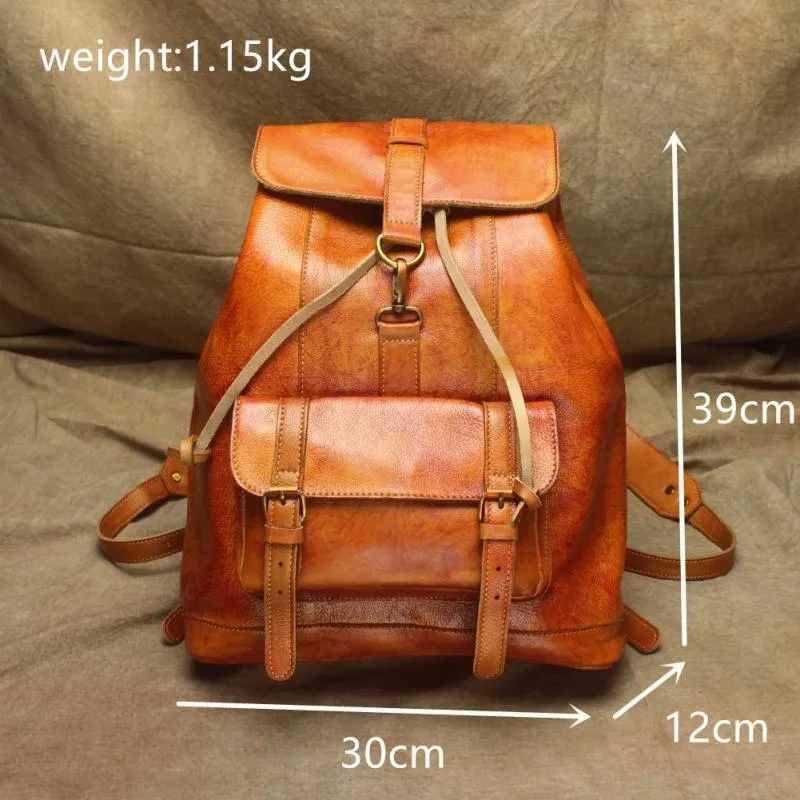 Vintage Lambskin Brown Leather Men's 14'' Laptop Backpack Black Satchel Backpack For Men