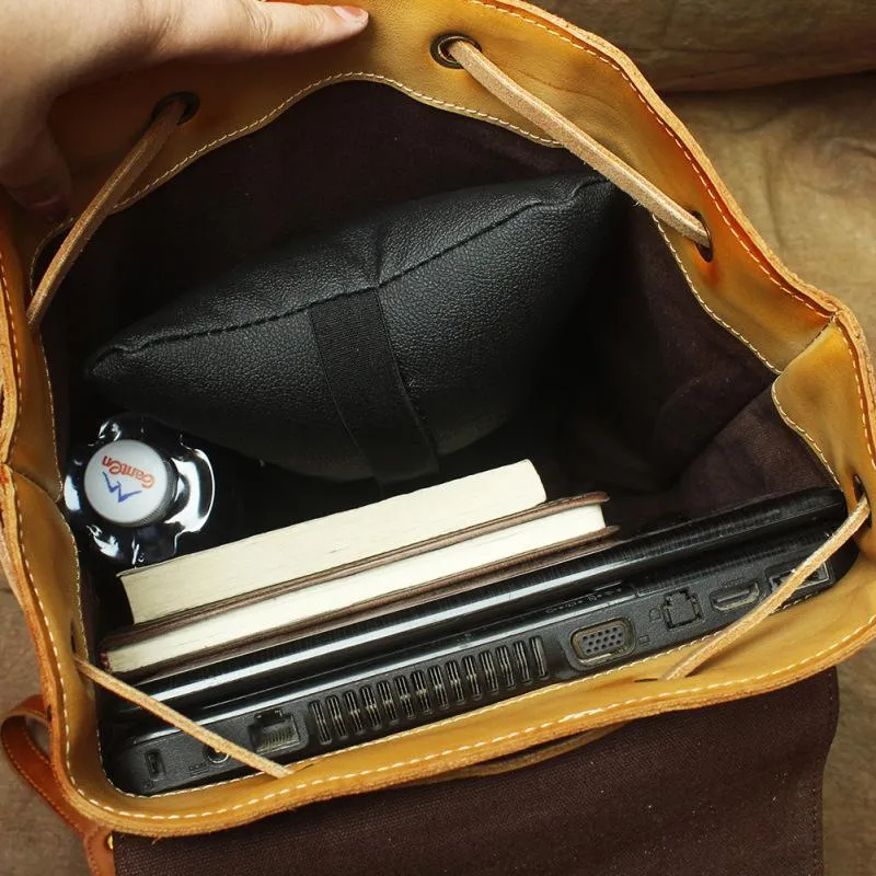 Vintage Lambskin Brown Leather Men's 14'' Laptop Backpack Black Satchel Backpack For Men