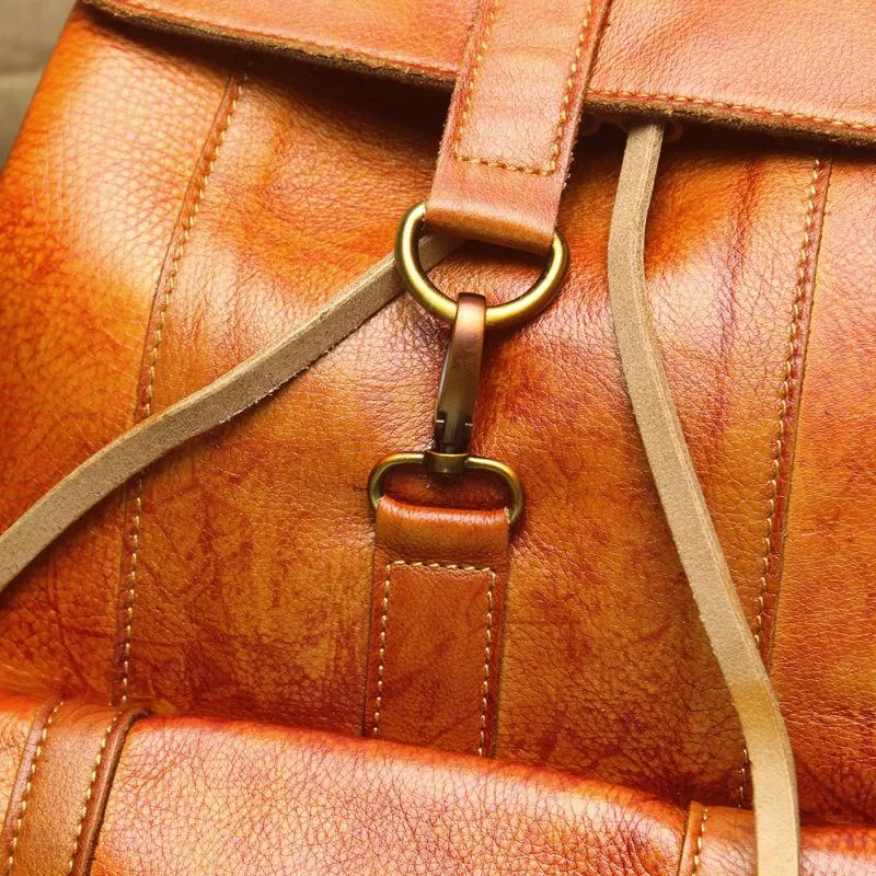Vintage Lambskin Brown Leather Men's 14'' Laptop Backpack Black Satchel Backpack For Men