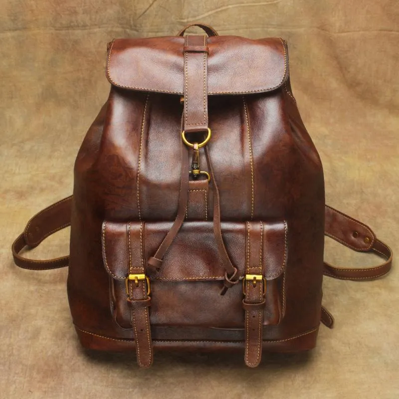 Vintage Lambskin Brown Leather Men's 14'' Laptop Backpack Black Satchel Backpack For Men